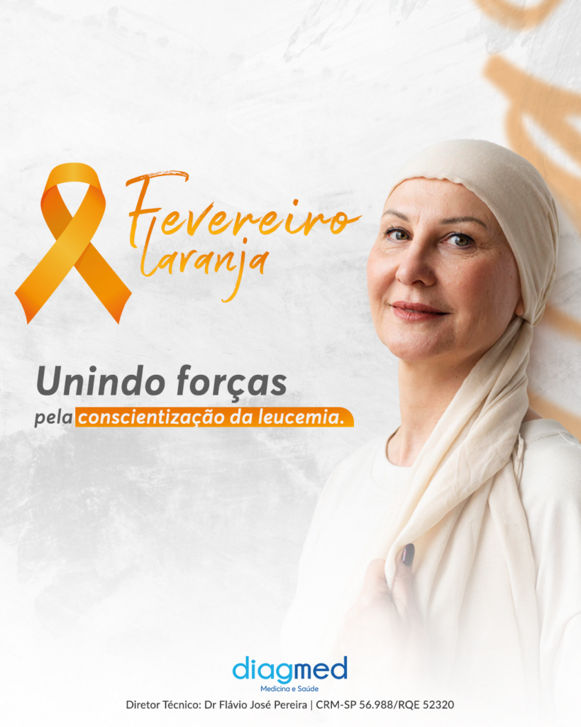 Campanha Fevereiro Laranja. sobre Leucemia. Uma mulher com um lenço está representando às mulheres que passam por esse tipo de câncer.
